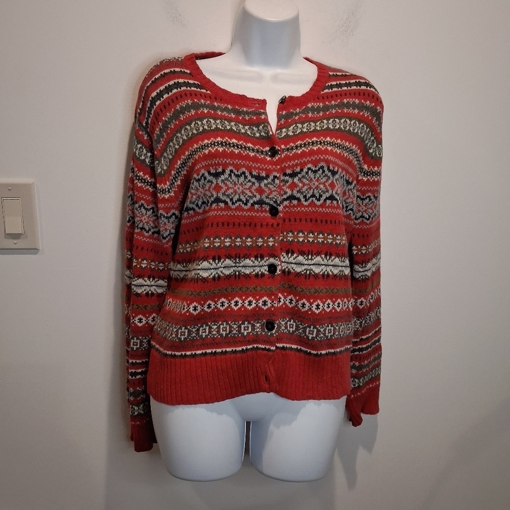 Old Navy Size L Red Fair Isle Button Up Cardigan Holiday Sweater